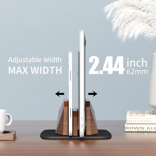 AFOOYO Vertical Laptop Stand - Dual Slots Walnut Adjustable Laptop Holder,Desktop Dock Compatible with All MacBook, Surface,Chromebook,Dell & More(Walnut) - Image 3