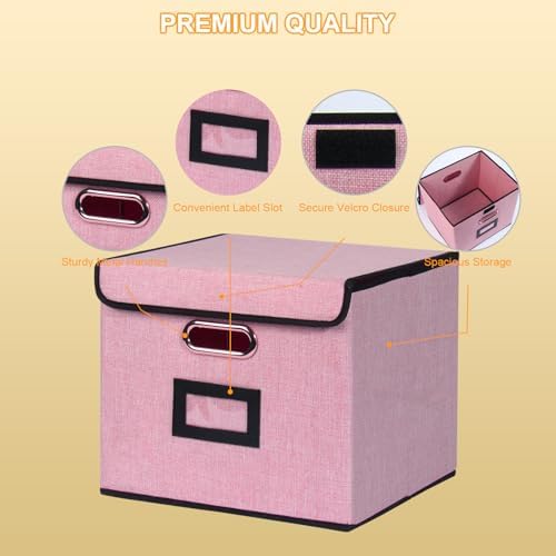 Large Square Storage Bin with Lid, Foldable Organizer Box with Handles & Label Design, for Office, Closet, Home, Documents, Pink, 12.20 x 10.63 x 10.63 Inches, 2 Pack - Image 4