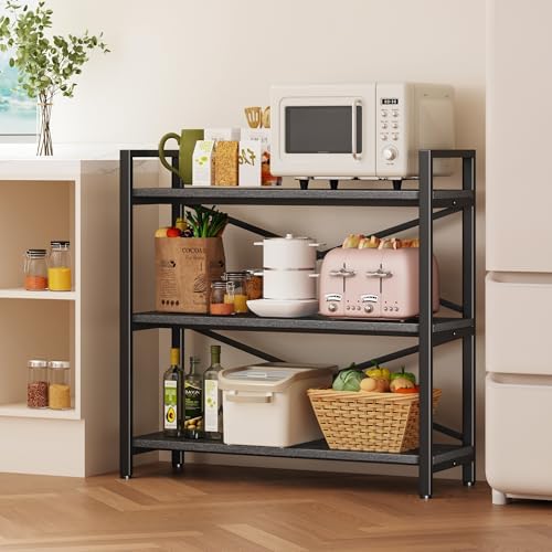 Homeiju 3 Tier Bookshelf 31.49" Width, Wood and Metal Etagere Bookcase, Vintage Farmhouse Modern Wooden Big Book Shelf for Home Living Room Bedroom Office Storage(Grey) - Image 5
