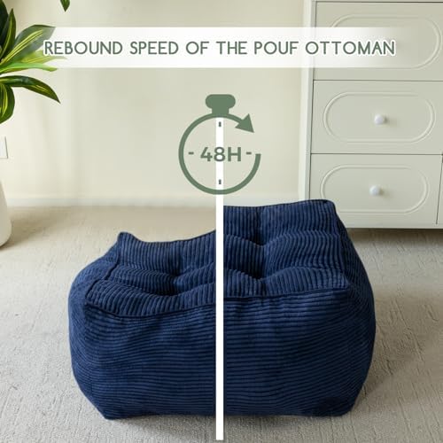 HIGOGOGO Square Stuffed Pouf Ottoman, Corduroy Poufs with Foam Chunk Filling, Furry and Fluffy Pouf Foot Stool Storage Ottoman, 25.6 X 25.6 Floor Poufs Foot Rest for Living Room, Navy - Image 4