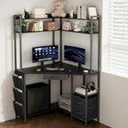 VENNQD Corner Desk with Drawers Shelves, Office Desk with Hutch, Triangle Corner Gaming Computer Desk with Storage Bag, Power Outlets and Hook for Home Office Workstation (Black) by VENNQD