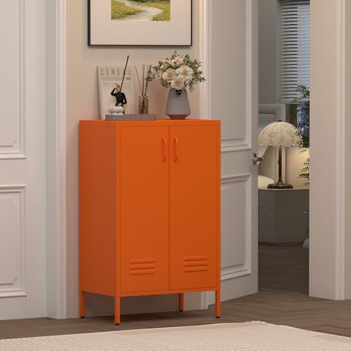 IRONFFICE Metal Storage Cabinets, Orange Cabinets with Adjustable Shelves, Steel Locker with 2 Doors, Morden Accent Cabinet for Home Office, Living Room, Orange - Image 7