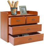 Wood Desktop Organizer with 4 Drawers Countertop Desk Storage Cabinet Retro Wooden Tabletop Storage Organization Box with Metal Handle for Home Office Bedroom Makeup Tools Organization, Brown by YUYFCC