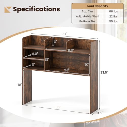 Desk Hutch, 37" Desktop Bookshelf with 6 Shelves, Wooden Desktop Organizer Display Rack with Adjustable Shelf, 3 Tier Desk Topper for College Dorm, Hutch Top Only - Image 3