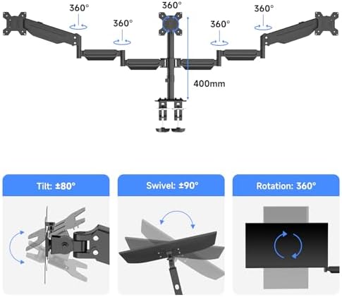 suptek Triple Monitor Mount for Most 17 to 32 inch Screens,Gas Springs Adjustment Triple Monitor Desk Mount Stand with Clamp & Grommet Kit,Black(MD8003) - Image 2