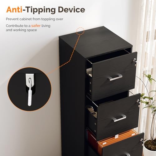 VINGLI 4 Drawer File Cabinet with Lock, Home Office Filing Organizer, for Letter Size File Folder Storage, Wood Tall Vertical Filing Cabinet, Printer Stand, Archivador (Black) - Image 6