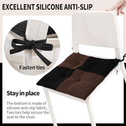Office Stacking Chair Cushions 4 Pack, Corduroy High Density Foam Kitchen Seat Cushions with Ties, Square 17" x 17" Indoor Non-Slip Dining Chair Pads, Black+ Brown, 4pcs - Image 4