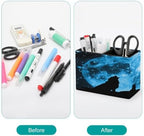 PU Leather Multi-Compartment Pen Holder Desktop Organizer Pencil Cup Storage Caddy for Office Home Supplies Wolves Pack in Silhouette Against Blue Starred Sky Full Moon - Image 3