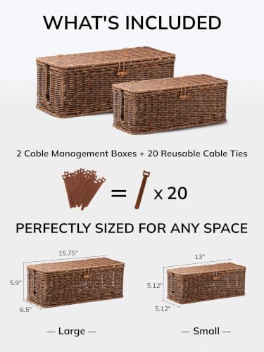 BROWNLILY Cable Management Box, Rattan Style Cord Organizer for Desk Cord Hider Outlet Covers for Power Strip Router Charger Under Desk Storage with Lockable Lid & Cable Ties(Braided Edging,Brown,Set) - Image 2
