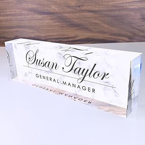 Artblox Personalized Name Plate for Desk | White Marble Design On Clear Acrylic Glass | Custom Plaque Desk Name Plate Personalized Your Name and Credentials Office Office Sign Engraved Plaque by Artblox