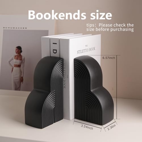 Matte Textured Arch Ceramic Bookends Pair,Heavy Duty Decorative Book Holders,Textured Layered Arch Sculpture Book Stoppers for Shelf Tabletop, Minimalist Modern Home Decor Gift for Book Lovers（Black） - Image 3
