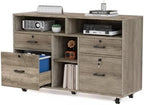 VINGLI Wide 4 Drawer File Cabinet with Lock, Rustic Grey Rolling File Cabinet with Open Shelves, Lockable Printer Stand, Letter Sized by VINGLI