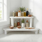 2-Tier Rustic Corner Shelf for Kitchen Counter,Wood Beaded Farmhouse Countertop Organizer with Removable Feet, Stackable Bathroom Vanity & Coffee Bar Decorative Riser Stand(Rustic White) - Image 2