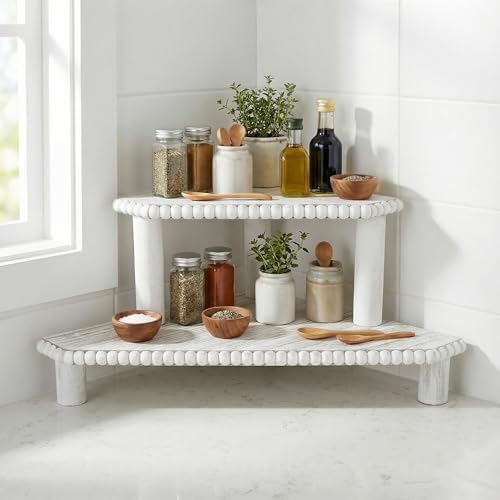 2-Tier Rustic Corner Shelf for Kitchen Counter,Wood Beaded Farmhouse Countertop Organizer with Removable Feet, Stackable Bathroom Vanity & Coffee Bar Decorative Riser Stand(Rustic White) - Image 2