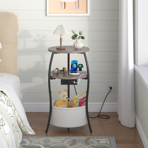 sthemc 3-Tier Small Round End Table Livingroom with Charging Station,Basket - Image 6