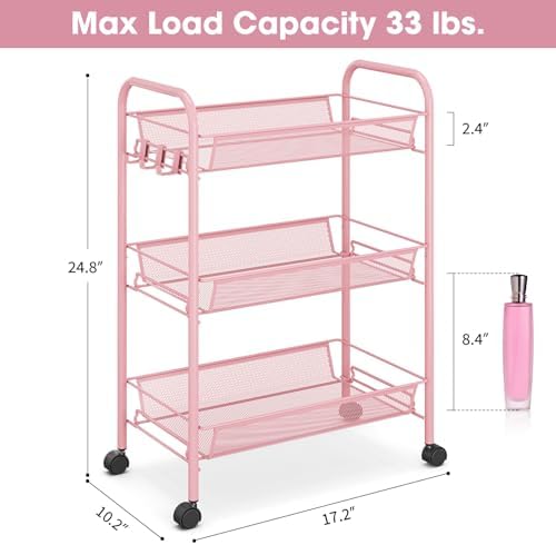 TOOLF 3 Tier Rolling Cart, Metal Utility Storage Cart with Wheels, Pink - Image 6