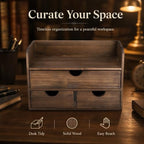 Wooden Desk Organizer with Drawers, Wood Makeup Organizer and Mail Rack for Desktop, 3-Tier Vintage Storage Caddy with Top Shelf for Office Supplies, Vanity, Bedroom, No Assembly, 13 x 6.7 x 8.6 in - Image 2