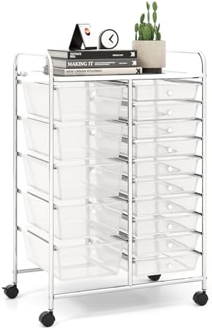 LDAILY 15 Drawer Rolling Storage Cart, Rolling Cart with Drawers for Classroom, Art Supply Craft Organizer on Wheel with Metal Frame & Handles for Home Office School by LDAILY