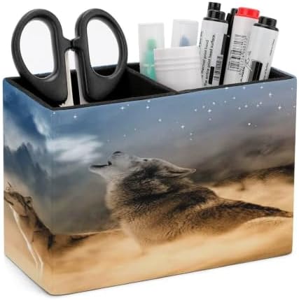 PU Leather Multi-Compartment Pen Holder Desktop Organizer Pencil Cup Storage Caddy for Office Home Supplies Wolf Wolves Yelling to The Sky Stand On Mountains Gray Forests Foggy Secenery by Unknown