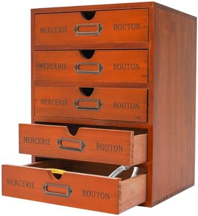 Wooden Desk Organizer Vintage Shelf Desktop Drawer Stackable Storage Box Brown Storage Cabinet Retro Apothecary Art School Office Supplies (5-Drawer Cabinet) by WDZCZDoo