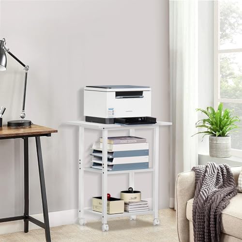 Lerliuo 3-Tier Printer Stand, Industrial Mobile Printer Table with Storage Shelf and Steel Frame, Rolling Printer Cart Holder with Lockable Wheels for Home, Office (White) - Image 6