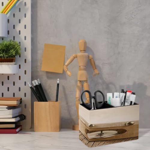 PU Leather Multi-Compartment Pen Holder Desktop Organizer Pencil Cup Storage Caddy for Office Home Supplies Closeup of A Tambourine on A Rustic Wooden Table Heavy Processing for Retro Bleached Look - Image 6