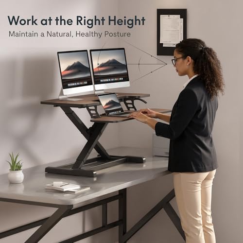 FLEXISPOT 36" Standing Desk Converter, Dual Monitor Desk Riser, Sit Stand Computer Workstation with Ergonomic Height Adjustment, Large Stand Up Desk Riser for Home Office, Walnut - Image 5