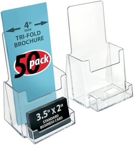 Azar Displays, 252922-50PK, Counter Trifold Brochure Holder with Horizontal Business Card Holder, Brochure Display Stand with Gift Card Pocket Flyer Holder Clear Card Display for Literature, 50-Pack by AzarDisplays