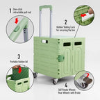Folding Utility Cart Portable Rolling Crate Handcart Foldable Shopping Trolley Collapsible, with Lid, on Wheels, for Grocery, Garden, Office, Storage, Teacher, Tool (Green) - Image 3