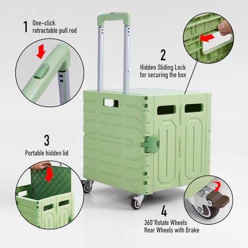 Folding Utility Cart Portable Rolling Crate Handcart Foldable Shopping Trolley Collapsible, with Lid, on Wheels, for Grocery, Garden, Office, Storage, Teacher, Tool (Green) - Image 3