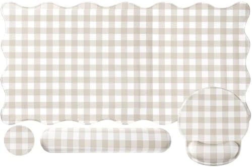 Sabary Gingham Desk Mat Scalloped Beige, 35.4 x 15.7 Inch by Sabary