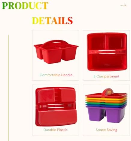 Set of 6 Classroom Caddy, Small Plastic Storage Caddy with Handle, Rainbow - Image 3