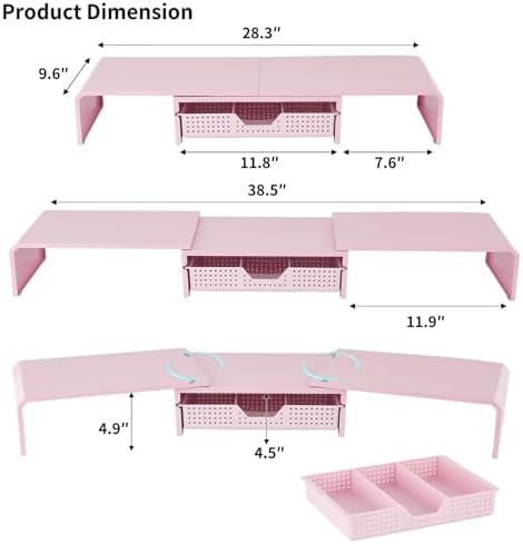 LEKETREE Dual Monitor Stand Riser with Drawer, Desk Organizer and Accessories, Pink Monitor Stand for Desk, Desktop Stand for Computer, Laptop, TV and More (Pink) - Image 7