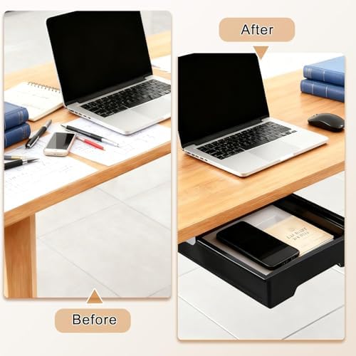 2 Pack 10.91"x 8.23" Under Desk Drawer Storage Organizer, Durable PC Material Self-Adhesive with Slide Out Rail, Hidden Hanging Desk Drawer for Office Supplies, Stationery, No Drilling Install, Black - Image 5