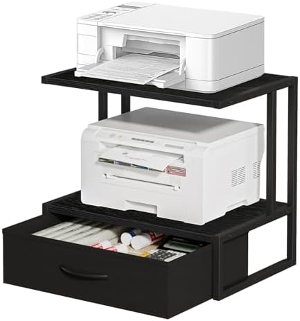 Printer Stand with Storage for Desk, with Fabric Drawer Desktop Printer Stand Shelf Organzier for Home Office, for Above and Under Desk Printer Table, Fax Machine Copier Scanner, Black by VYUOL