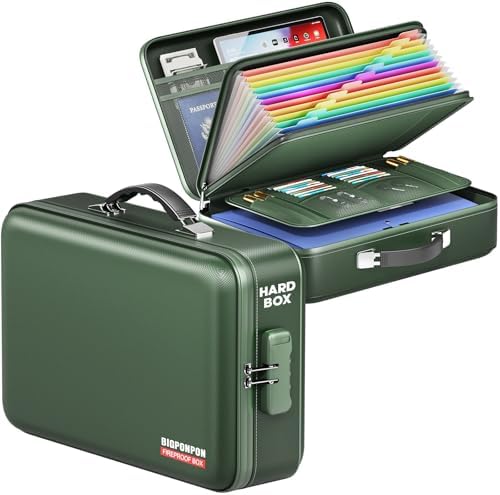Fireproof Document Box, Hard Case Highly Flame-Resistant Fire Proof Waterproof File Organizer with Lock, Portable Fire Safe for Important Documents & Valuables Storage (Green, ‎16"*12"*5") by BigPonPon