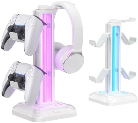 KDD RGB Headset Stand with 9 Light Modes - Controller Holder for Desk - Rotatable Headphone Stand & Detachable Controller Hook for PC Earphone Accessories(White) by KDD