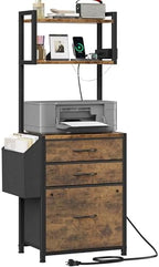 HIGDBFE 3 Drawer File Cabinet with Charging Station, 45''H, 3-Tier Small Filing Cabinet for Home Office, 11''*16'' for Small Printer, Fabric Drawer Fits Letter/A4, Tall Printer Stand, Rustic Brown by HIGDBFE