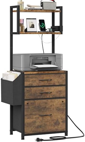 HIGDBFE 3 Drawer File Cabinet with Charging Station, 45''H, 3-Tier Small Filing Cabinet for Home Office, 11''*16'' for Small Printer, Fabric Drawer Fits Letter/A4, Tall Printer Stand, Rustic Brown by HIGDBFE