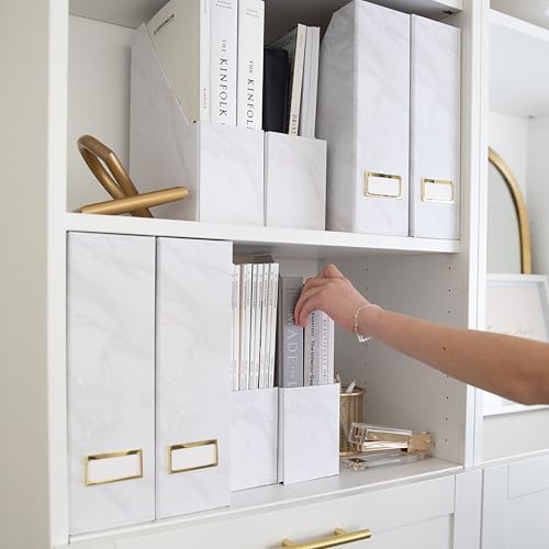 BLU MONACO Set of 4 Magazine Holders | White Marble Design with Gold Label Holders | Foldable File Organizer Boxes for Desk, Office & Classroom | Stylish Paper & Magazine Storage - Image 4