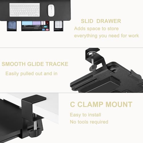 Keyboard Tray Under Desk with Drawer,26.77" X 11.81" Keyboard Tray Large Size with C Clamp-on Mount, Easy to Install, Save Space for Office Desk (Black) - Image 3