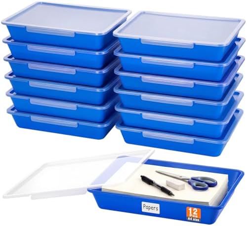 Tinlade 12 Pcs Classroom Paper Storage Bins with Lids, Blue, 13x10in by Tinlade