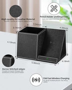 Pen Holder with Wireless Charger, PU Leather Pencil Holder for Desk, Multi-Functional Desktop Organizer, Desk Organizers and Accessories for Home School Office Supplies, Black - Image 4