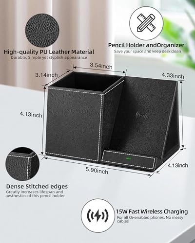 Pen Holder with Wireless Charger, PU Leather Pencil Holder for Desk, Multi-Functional Desktop Organizer, Desk Organizers and Accessories for Home School Office Supplies, Black - Image 4