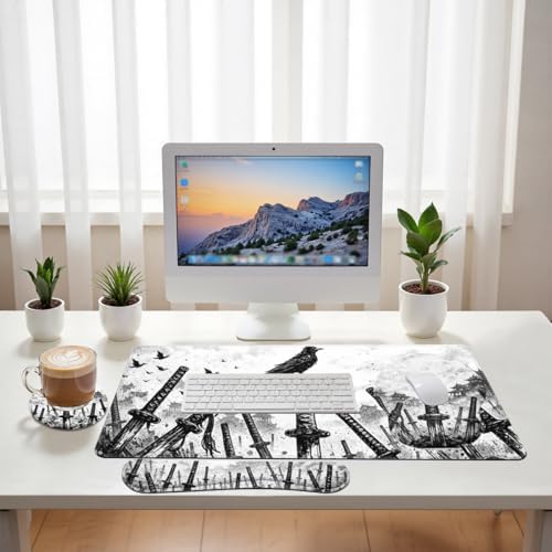 Samurai Swords Desk Mat Set Dark Warrior Art Large Mouse Pad with Wrist Rest 4in1 Desk Mat for Desktop Ergonomic Computer Desk Arm Wrist Anti-Slip Computer Ergonomic Mouse Pad Home Office Gaming - Image 6