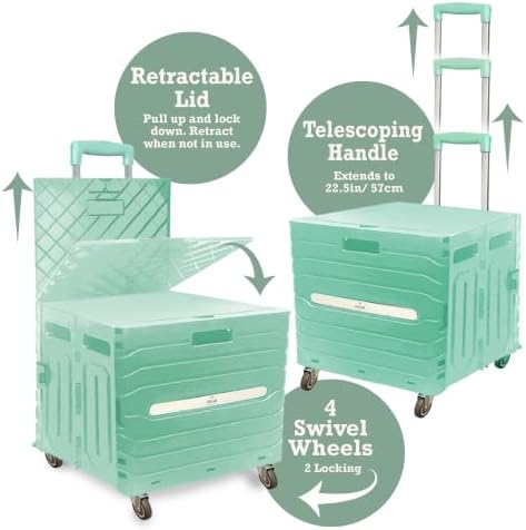 Inspired Living Collapsible Folding Utility Cart, Heavy-Duty Rolling Crate with 360° Wheels, Telescoping Handle, Hidden Lid, Holds 200 Lbs, Pale Mint - Image 3