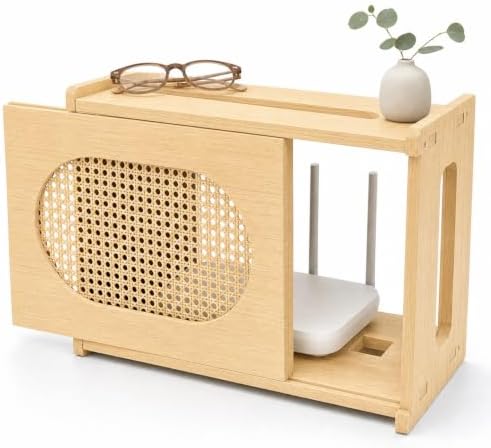 Wooden Wi-Fi Router Box Hider, Rattan Door, Standard Wall Mountable Decorative Modem Shelf, Fits Routers Up to 11" Tall, Power Strip Cable Organizer Rack - Light Wood Grain by Unknown