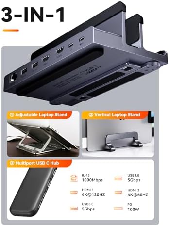 Laptop Docking Station Stand Dual 4K Monitor: QUUGE USB C Docking Station Dual Monitor for Laptop, 2 HDMI (Single 4K@120Hz), 2 USB3.0 Ports, 100W PD, RJ45 Ethernet, Universal Laptop Stand USB C Dock - Image 2