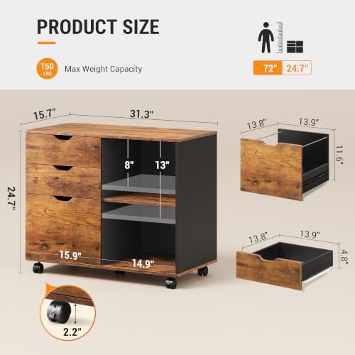 DEVAISE 3 Drawer Wood File Cabinet, Rolling Filing Cabinet with Open Storage Shelf, Printer Stand for Home Office Storage and Organization, Fits Letter/A4 Files (Rustic Brown, Recessed Pull) - Image 3