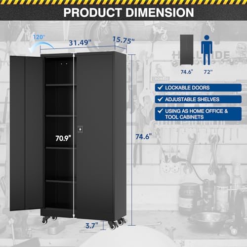 Fesbos Metal Rolling Storage Cabinet-74.6” Tall Steel File Cabinets with Wheels Lockable Doors and Adjustable Shelves-Black Steel Storage Cabinet for Home, School, Office, Garage - Image 3